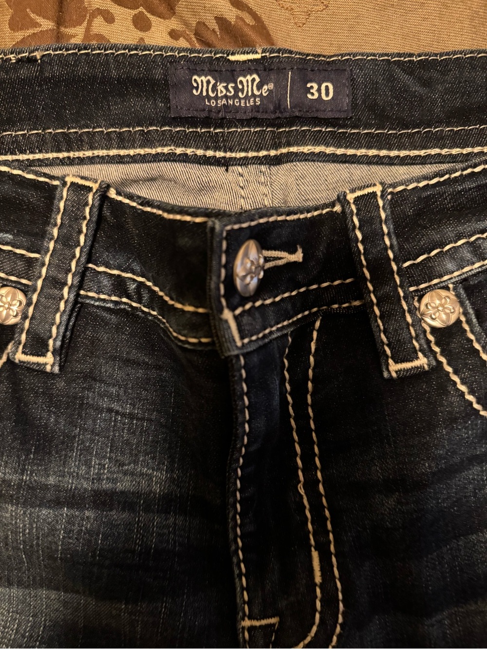 Miss Me Dark Blue Denim Jeans with White Embroidered Pocket - Picture 3 of 3